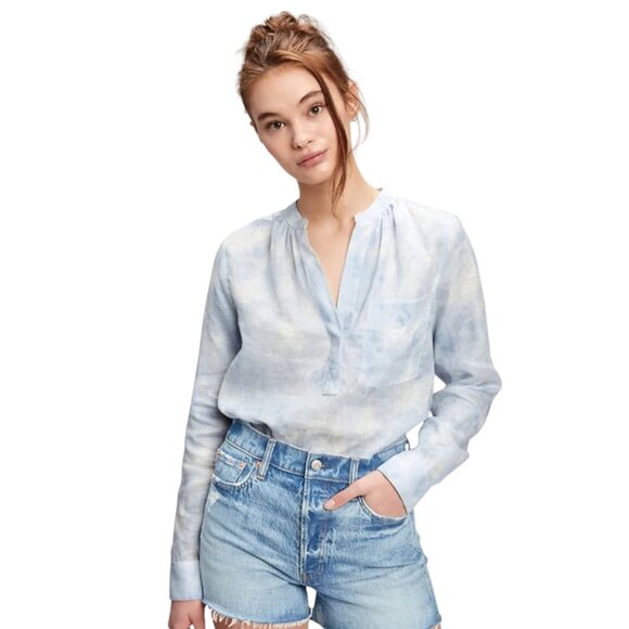 GAP Tops - NWT GAP Blue & White Long Sleeve 100% Linen Tie-Dye Popover Long Sleeve Shirt-S